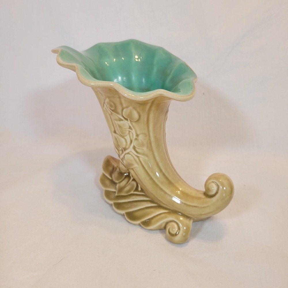 VTG Red Wing Pottery #1097 Cornucopia Ceramic Vase Tan Turquoise MCM‎ 1950s